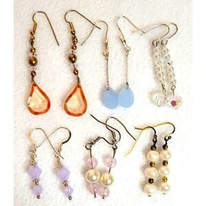 6 Pairs Earrings Lot Artisan Dangle AB Beaded Pastel Glass Crystal Faux Pearls